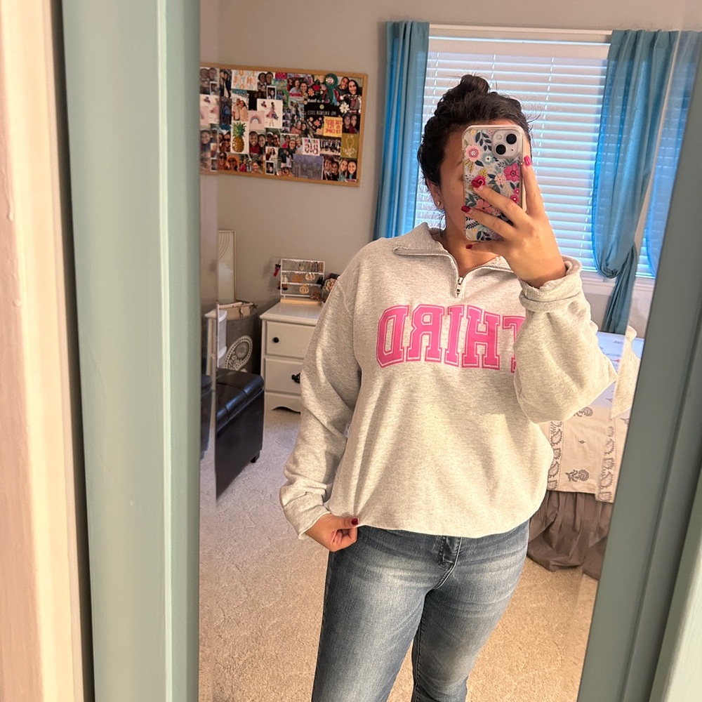 Gray Quarter-Zip Sweatshirt with Pink Lettering